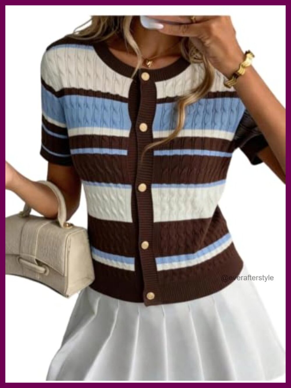 Cable Knit Striped Cardigan Button Up Short Sleeve Lightweight Sweater